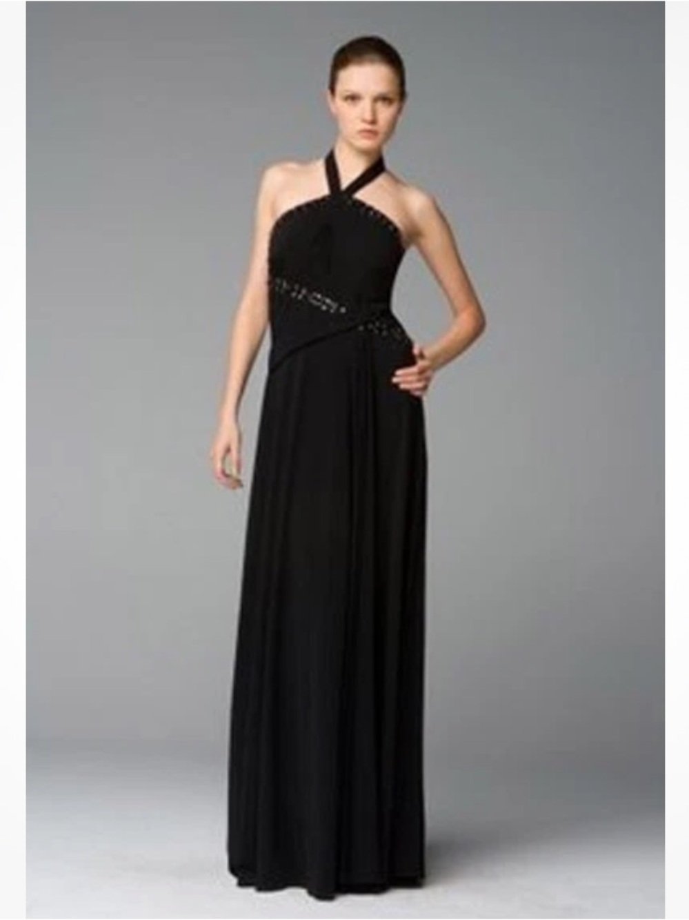 BCBGMaxAzria Black Halter Gown with Beaded Trim